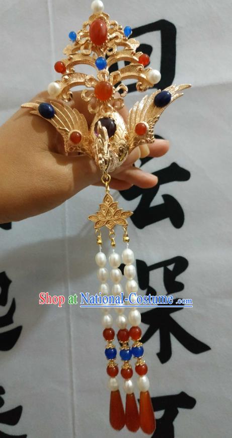 China Ancient Queen Golden Phoenix Hairpin Traditional Hanfu Hair Accessories Ming Dynasty Empress Tassel Hair Crown