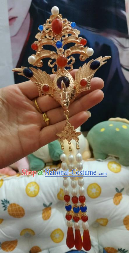 China Ancient Queen Golden Phoenix Hairpin Traditional Hanfu Hair Accessories Ming Dynasty Empress Tassel Hair Crown