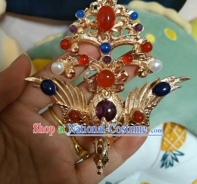 China Ancient Queen Golden Phoenix Hairpin Traditional Hanfu Hair Accessories Ming Dynasty Empress Tassel Hair Crown