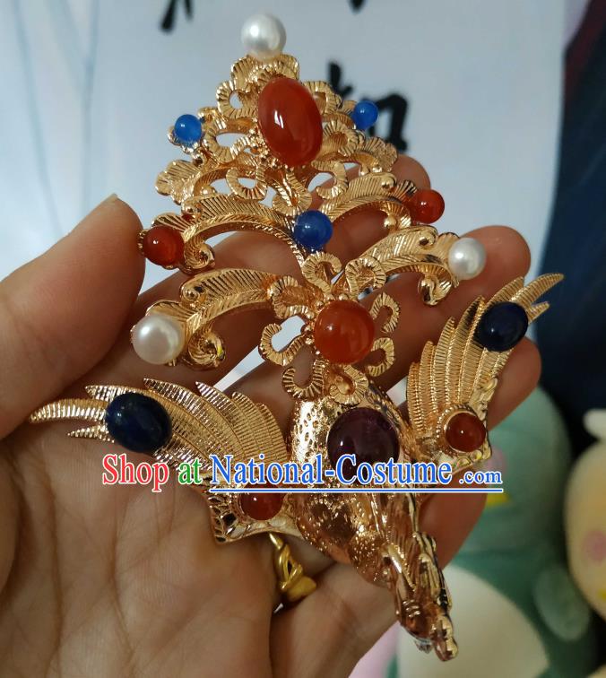 China Ancient Queen Golden Phoenix Hairpin Traditional Hanfu Hair Accessories Ming Dynasty Empress Tassel Hair Crown