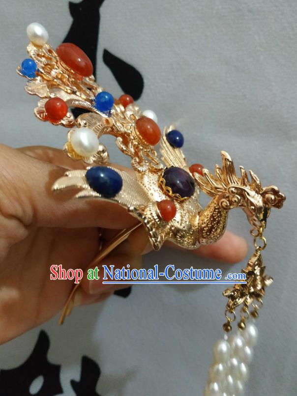 China Ancient Queen Golden Phoenix Hairpin Traditional Hanfu Hair Accessories Ming Dynasty Empress Tassel Hair Crown