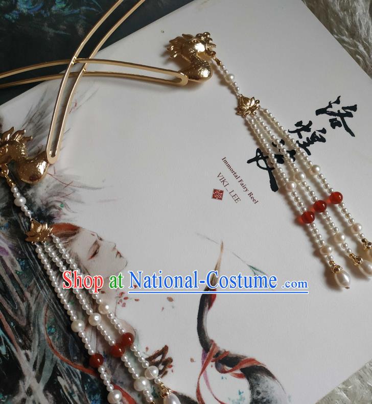 China Ancient Noble Woman Golden Phoenix Hairpin Traditional Hanfu Hair Accessories Ming Dynasty Pearls Tassel Hair Stick