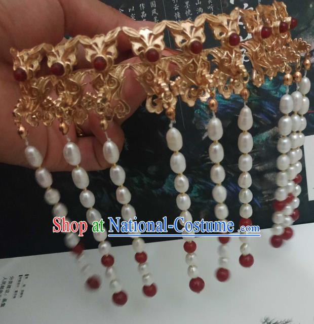 China Ancient Imperial Consort Pearls Tassel Hairpin Traditional Hanfu Hair Accessories Ming Dynasty Empress Golden Phoenix Hair Crown