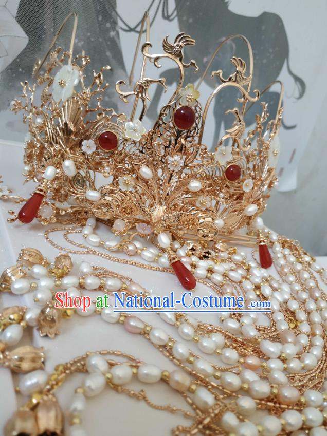 China Ancient Empress Golden Hair Crown Traditional Hanfu Hair Accessories Ming Dynasty Pearls Tassel Phoenix Coronet