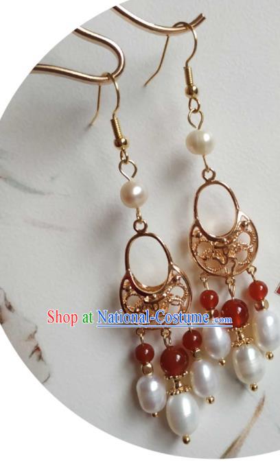 Handmade Chinese Tang Dynasty Empress Golden Ear Accessories Traditional Ancient Princess Pearls Tassel Earrings