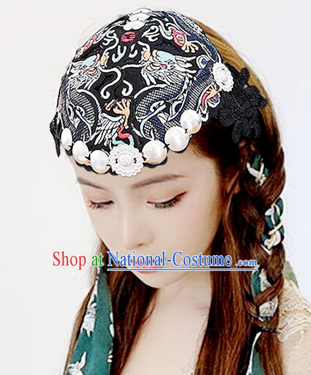 China Ethnic Folk Dance Hair Accessories Yunnan Minority Woman Embroidered Black Hair Clasp