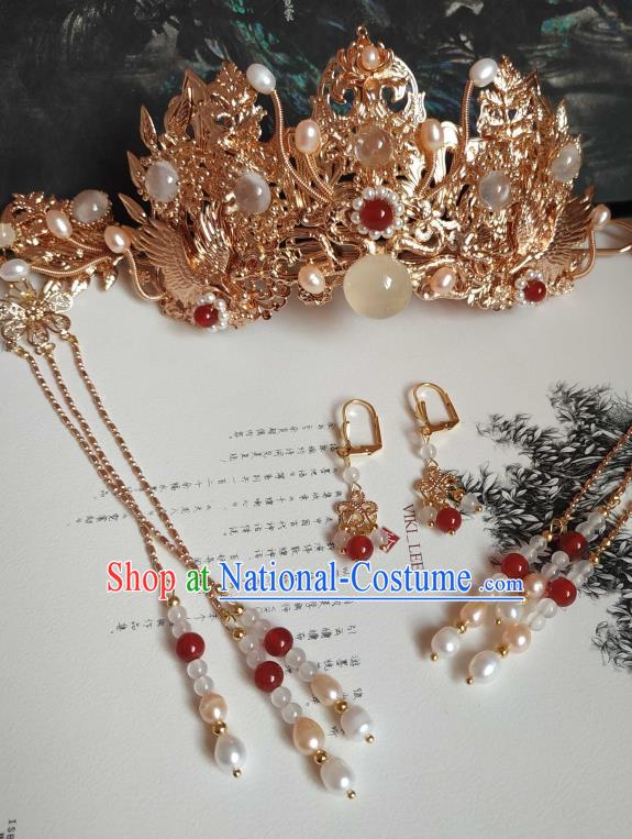 China Ancient Empress Tassel Hairpins Traditional Hanfu Hair Accessories Ming Dynasty Golden Hair Crown Complete Set