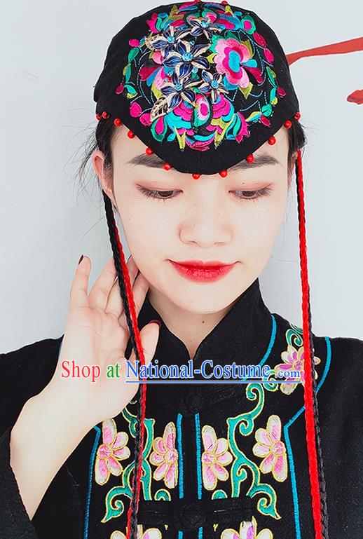 China Yunnan Minority Woman Black Hat Embroidered Hair Accessories Handmade Ethnic Folk Dance Embroidered Headband