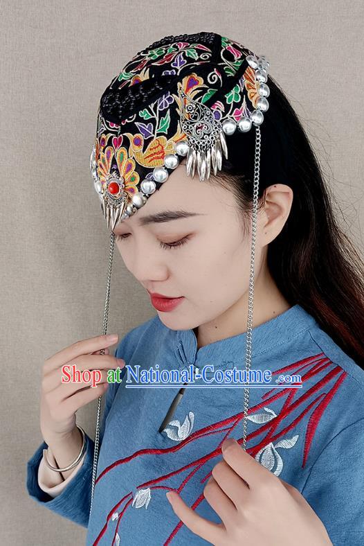 China Handmade Ethnic Folk Dance Headband Yunnan Minority Woman Black Embroidered Hat Silver Tassel Hair Accessories