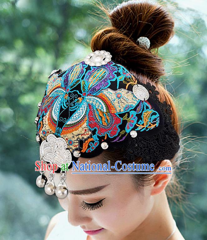 China Silver Tassel Hair Accessories Handmade Ethnic Folk Dance Headband Yunnan Minority Woman Embroidered Butterfly Hat