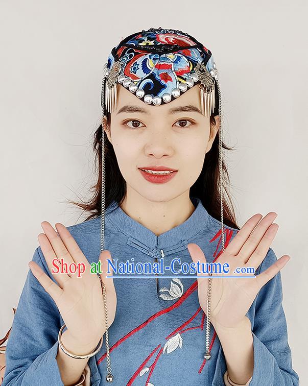 China Yunnan Minority Woman Embroidered Hat Silver Tassel Hair Accessories Handmade Ethnic Folk Dance Headband