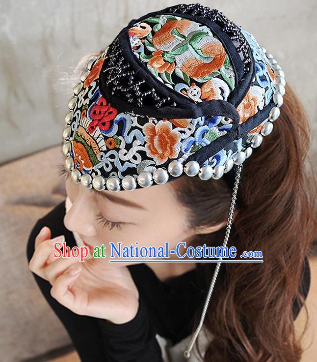 China Yunnan Minority Woman Embroidered Peony Hair Clasp Ethnic Silver Tassel Hat Headwear Handmade Peacock Dance Black Cloth Headband