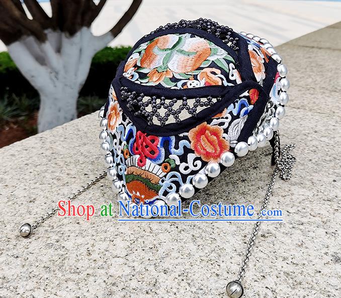 China Yunnan Minority Woman Embroidered Peony Hair Clasp Ethnic Silver Tassel Hat Headwear Handmade Peacock Dance Black Cloth Headband