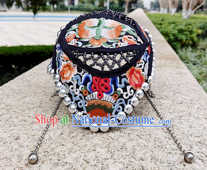 China Yunnan Minority Woman Embroidered Peony Hair Clasp Ethnic Silver Tassel Hat Headwear Handmade Peacock Dance Black Cloth Headband