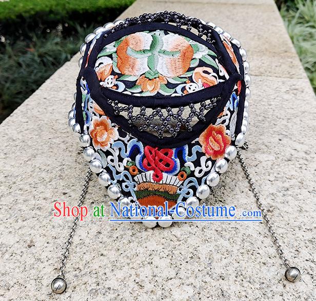 China Yunnan Minority Woman Embroidered Peony Hair Clasp Ethnic Silver Tassel Hat Headwear Handmade Peacock Dance Black Cloth Headband