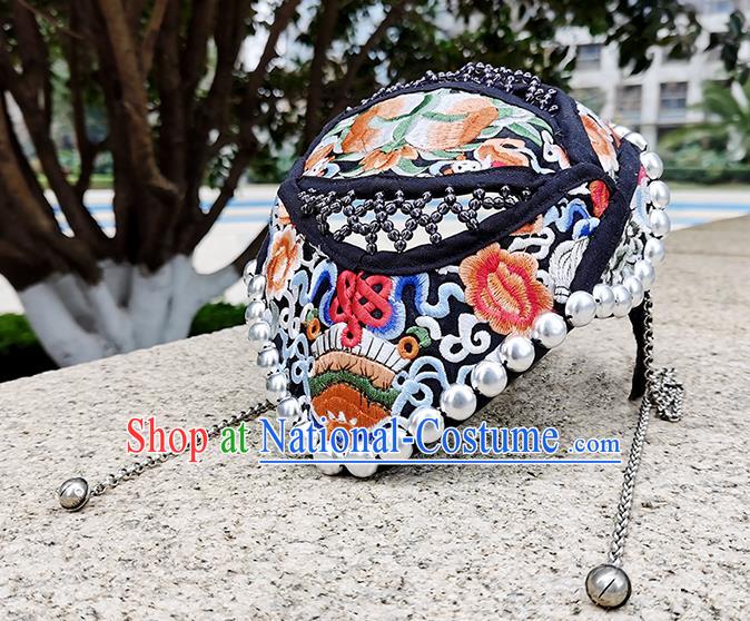 China Yunnan Minority Woman Embroidered Peony Hair Clasp Ethnic Silver Tassel Hat Headwear Handmade Peacock Dance Black Cloth Headband