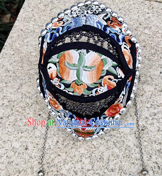 China Yunnan Minority Woman Embroidered Peony Hair Clasp Ethnic Silver Tassel Hat Headwear Handmade Peacock Dance Black Cloth Headband