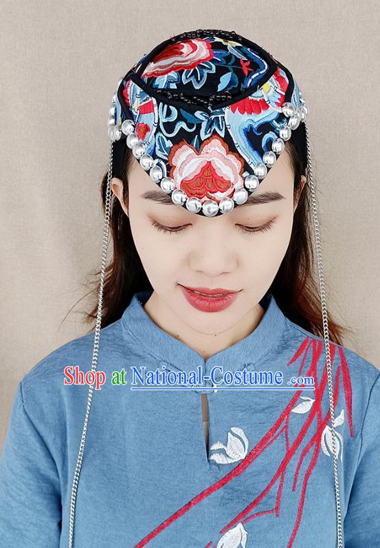 China Yunnan Minority Woman Embroidered Hat Ethnic Folk Dance Hair Accessories Handmade Silver Tassel Headband