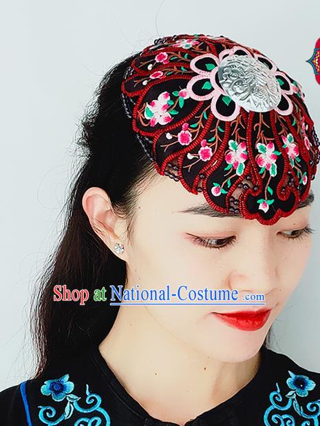 China Ethnic Woman Headwear Handmade Folk Dance Headband Yunnan Minority Embroidered Black Hair Clasp