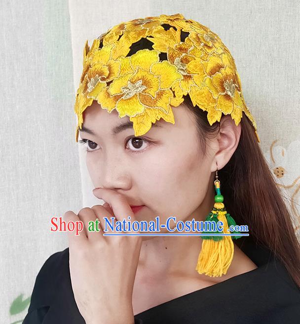 China Handmade Ethnic Folk Dance Headband Yunnan Minority Hair Clasp National Woman Embroidered Yellow Flowers Hat