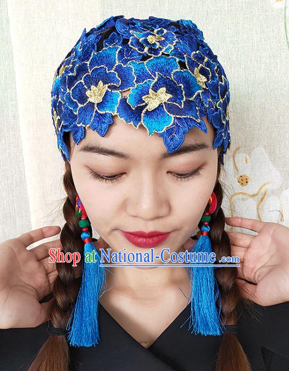 China National Woman Embroidered Royalblue Flowers Hat Handmade Ethnic Folk Dance Headband Yunnan Minority Hair Clasp