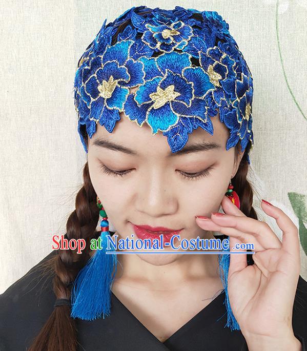 China National Woman Embroidered Royalblue Flowers Hat Handmade Ethnic Folk Dance Headband Yunnan Minority Hair Clasp