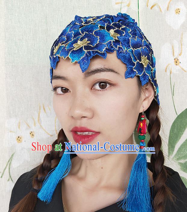 China National Woman Embroidered Royalblue Flowers Hat Handmade Ethnic Folk Dance Headband Yunnan Minority Hair Clasp