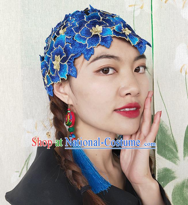 China National Woman Embroidered Royalblue Flowers Hat Handmade Ethnic Folk Dance Headband Yunnan Minority Hair Clasp