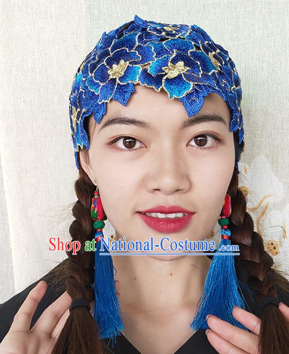 China National Woman Embroidered Royalblue Flowers Hat Handmade Ethnic Folk Dance Headband Yunnan Minority Hair Clasp