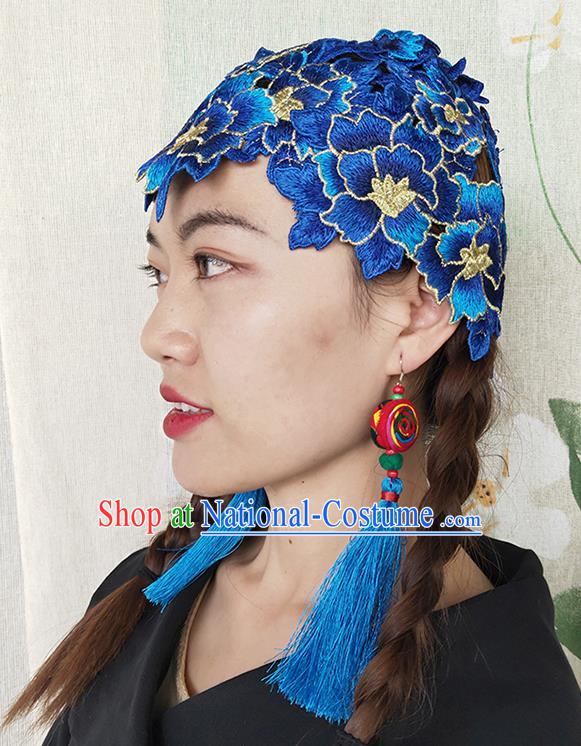 China National Woman Embroidered Royalblue Flowers Hat Handmade Ethnic Folk Dance Headband Yunnan Minority Hair Clasp