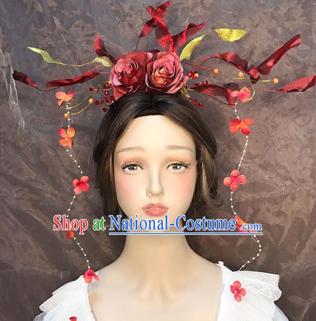 Top Stage Show Red Rose Hair Crown Catwalks Headdress Baroque Bride Hair Accessories