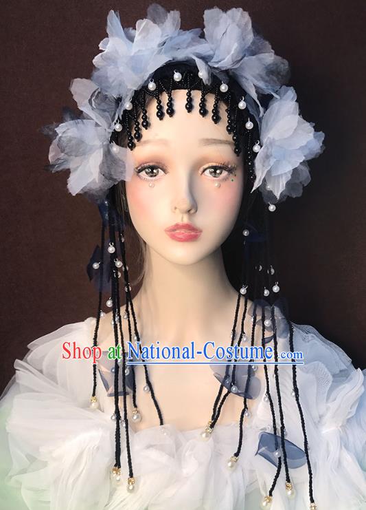 Top Catwalks Tassel Headdress Baroque Bride Black Hair Clasp Stage Show Silk Flowers Hat