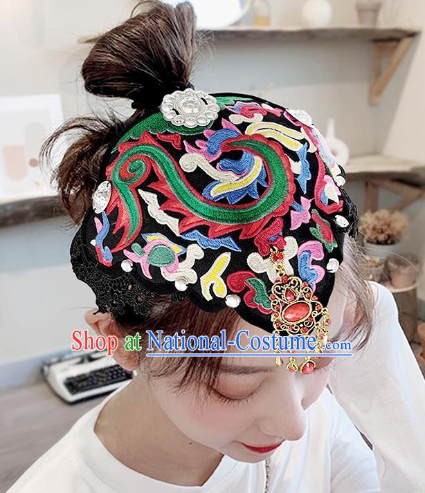 China Yunnan Minority Woman Embroidered Hair Clasp Ethnic Peacock Dance Headwear Handmade Black Cloth Headband