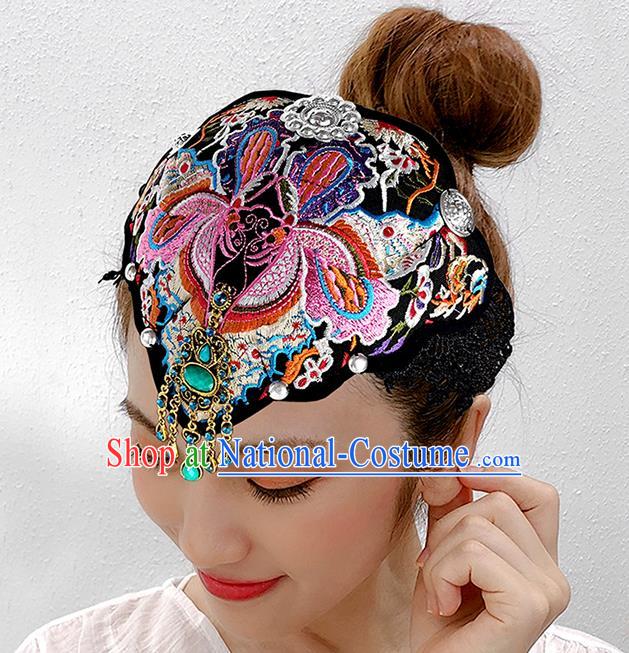 China Ethnic Headwear Handmade Peacock Dance Cloth Headband Yunnan Minority Woman Embroidered Butterfly Hair Clasp