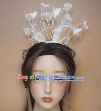 Top Cosplay Goddess Hair Clasp Baroque Bride White Feather Hair Crown Stage Show Giant Headdress Catwalks Hair Accessories