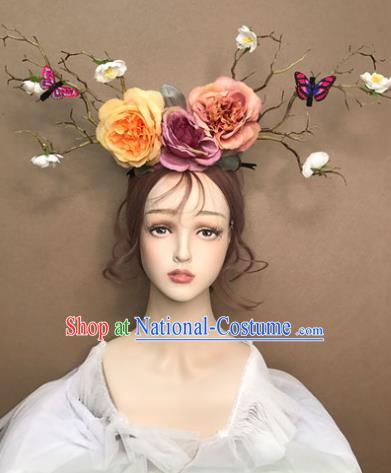 Top Baroque Bride Giant Hair Crown Stage Show Silk Peony Headdress Catwalks Dance Hair Clasp