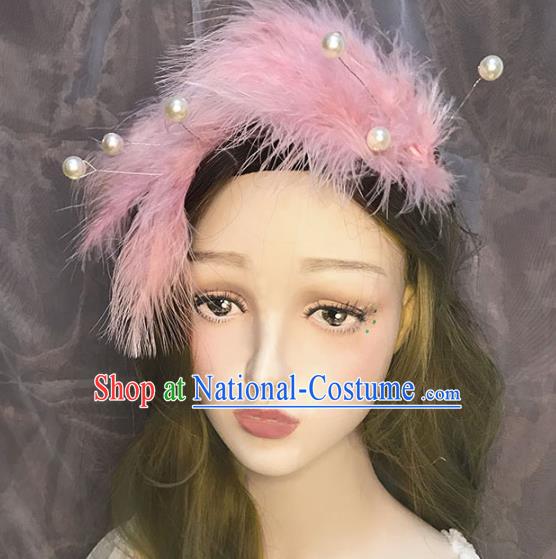 Top Baroque Bride Pearls Hair Claws Stage Show Pink Feather Hair Stick Catwalks Ballet Dance Performance Hair Accessories