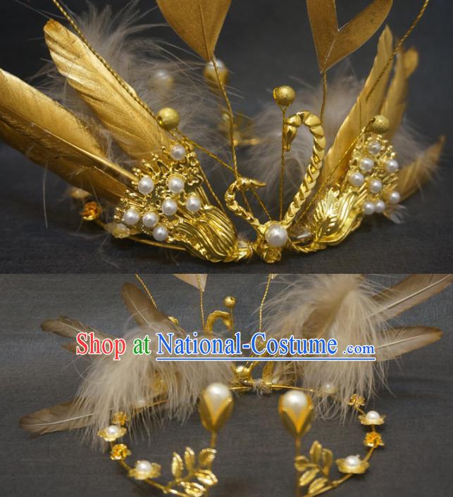 Top Cosplay Angel Hair Accessories Baroque Giant Hair Crown Stage Show Headdress Catwalks Golden Swan Hair Clasp