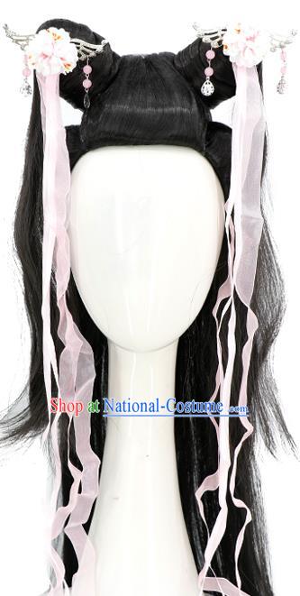 Chinese Ancient Swordswoman Guo Xiang Hair Chignon Classical Cosplay Fairy Hairpieces Song Dynasty Young Lady Wigs Sheath