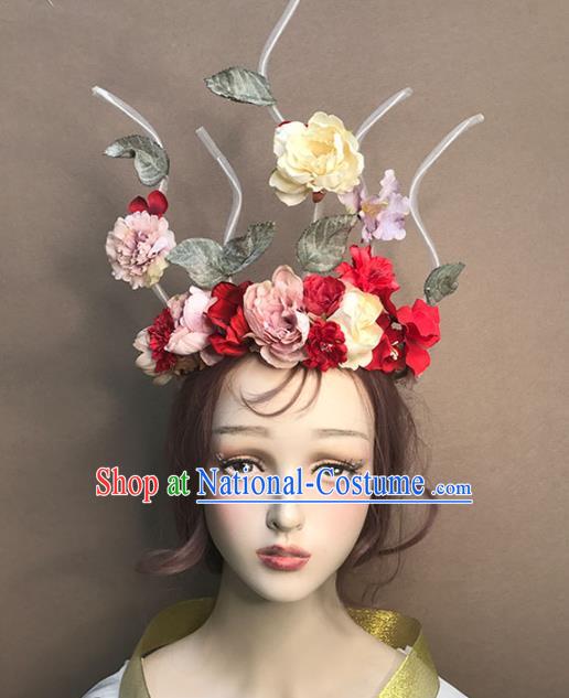 Top Baroque Silk Flowers Hair Crown Stage Show Giant Headdress Catwalks Hair Accessories Cosplay Flowers Fairy Headpiece