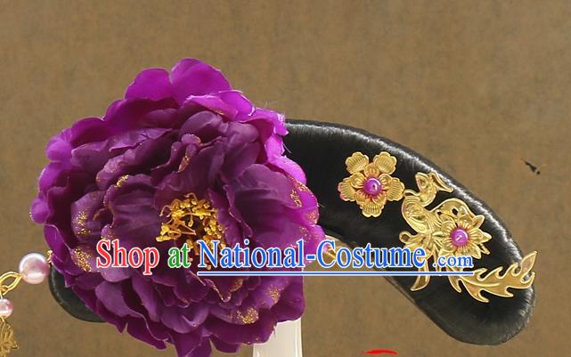 Chinese Ancient Manchu Princess Hair Chignon Drama Jade Palace Lock Heart Purple Peony Hair Accessories Qing Dynasty Imperial Concubine Wigs Sheath