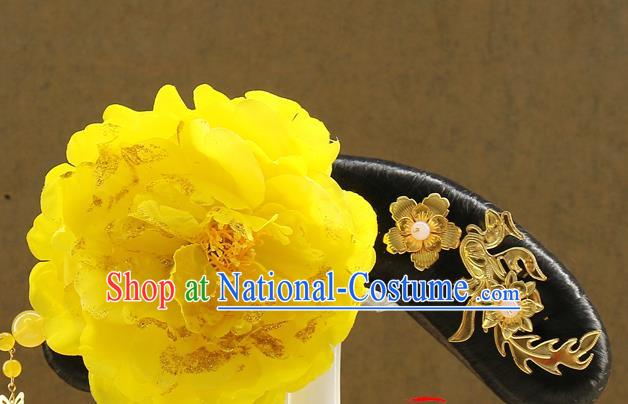 Chinese Qing Dynasty Court Maid Wigs Sheath Ancient Manchu Lady Hair Chignon Drama Jade Palace Lock Heart Yellow Peony Hair Accessories