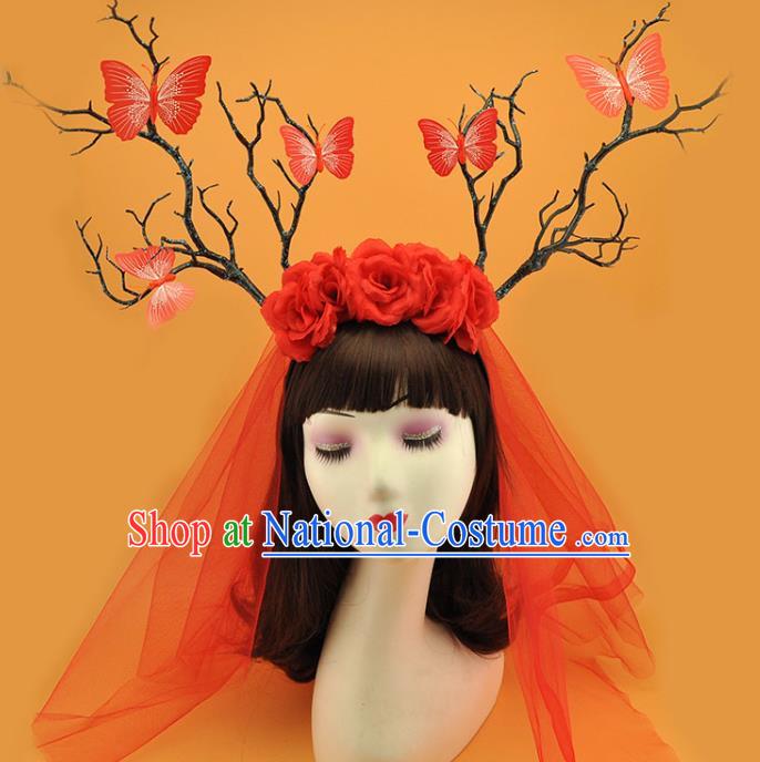 Top Halloween Fancy Ball Hair Clasp Gothic Bride Giant Headdress Cosplay Hair Accessories Christmas Princess Red Rose Hair Crown