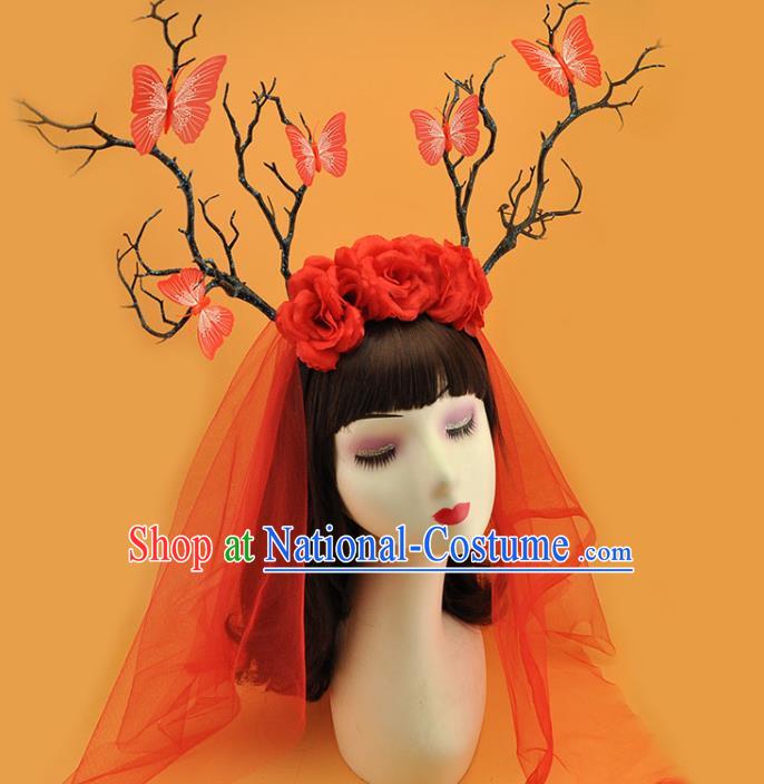 Top Halloween Fancy Ball Hair Clasp Gothic Bride Giant Headdress Cosplay Hair Accessories Christmas Princess Red Rose Hair Crown