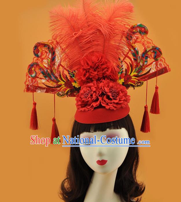 Chinese Catwalks Headdress Stage Show Sequins Phoenix Fan Hair Crown Court Red Feather Hat