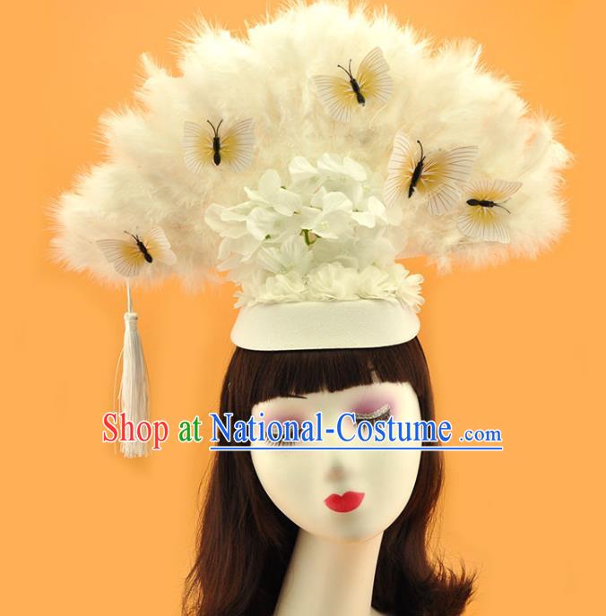 Chinese Court White Feather Fan Top Hat Catwalks Deluxe Headdress Stage Show Butterfly Tassel Hair Crown