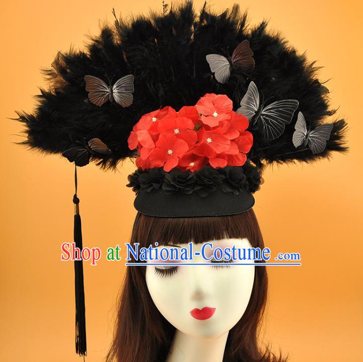 Chinese Stage Show Butterfly Tassel Hair Crown Cosplay Court Black Feather Fan Top Hat Catwalks Deluxe Headdress