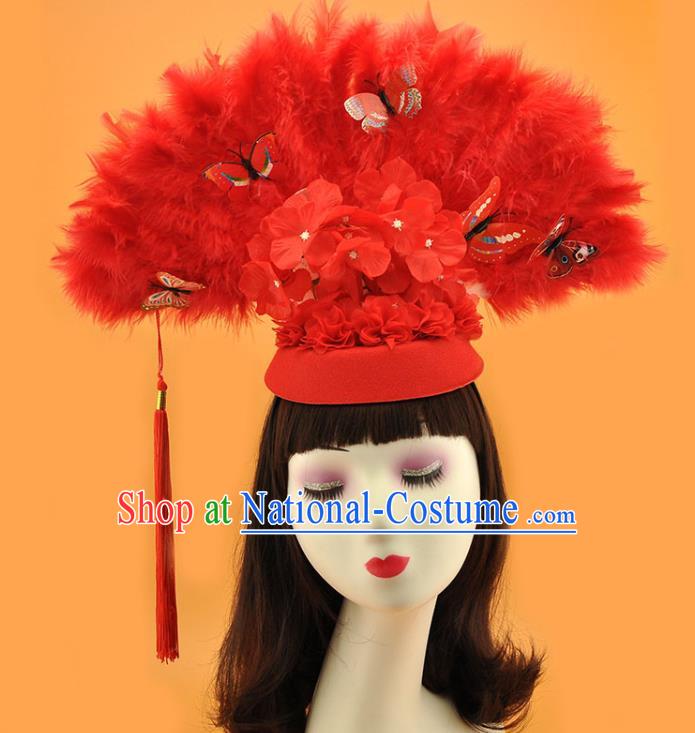 Chinese Catwalks Deluxe Headdress Stage Show Butterfly Tassel Hair Crown Cosplay Court Red Feather Fan Top Hat