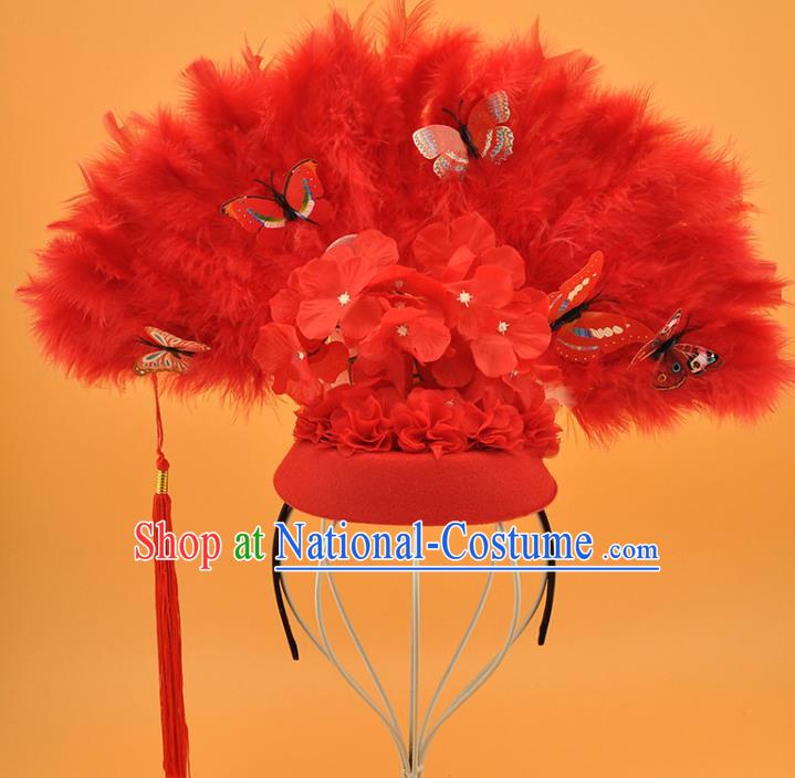 Chinese Catwalks Deluxe Headdress Stage Show Butterfly Tassel Hair Crown Cosplay Court Red Feather Fan Top Hat