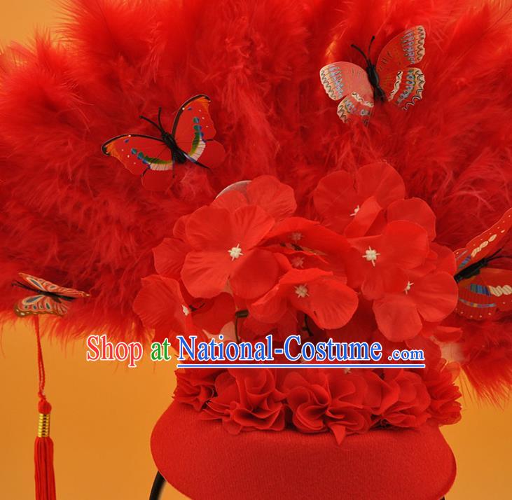 Chinese Catwalks Deluxe Headdress Stage Show Butterfly Tassel Hair Crown Cosplay Court Red Feather Fan Top Hat